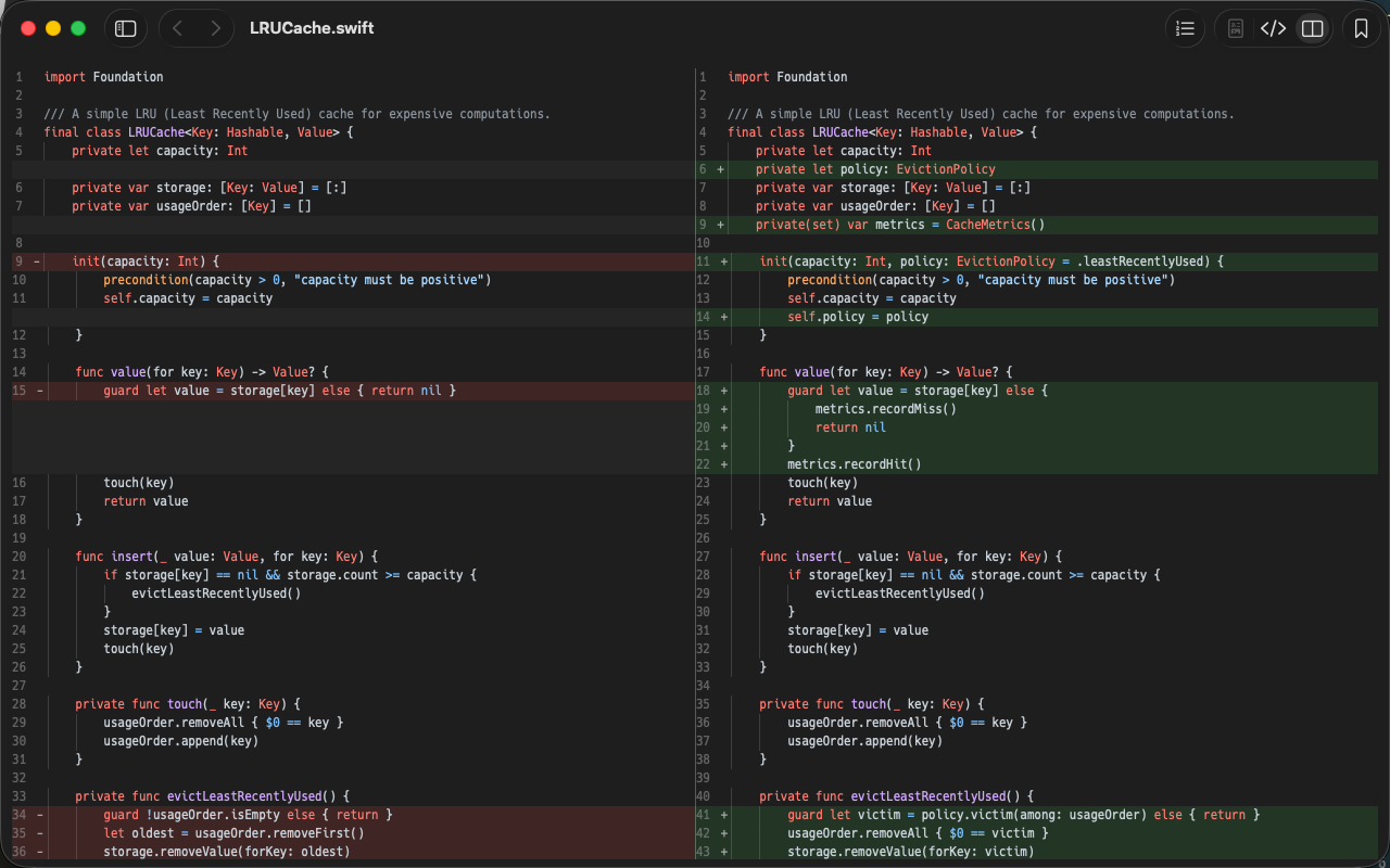 Side-by-side git diff in the source view of befold