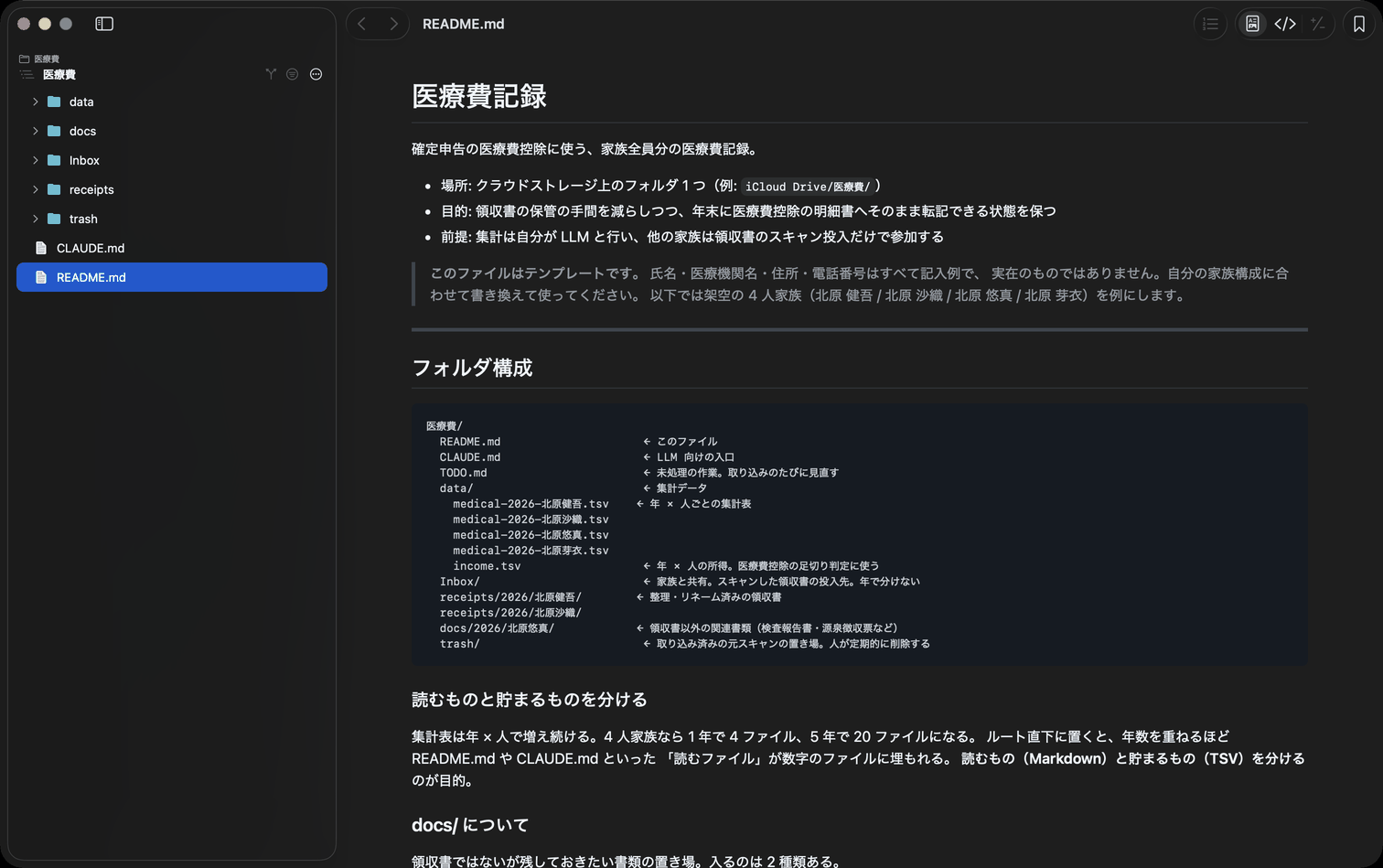運用手順を書いた README.md が befold で表示され、サイドバーにフォルダ構成が並んでいる