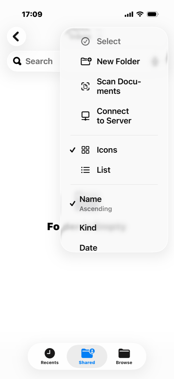 A folder open in the iPhone Files app with the top-right menu showing, including “Scan Documents”
